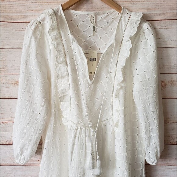 Anthropologie Eyelet Tie Neck 100% Cotton Summer Dress White Size 4 Round Neck - Picture 5 of 12